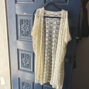 Sheer Lace Open Front Kimono Cardigan - Cream